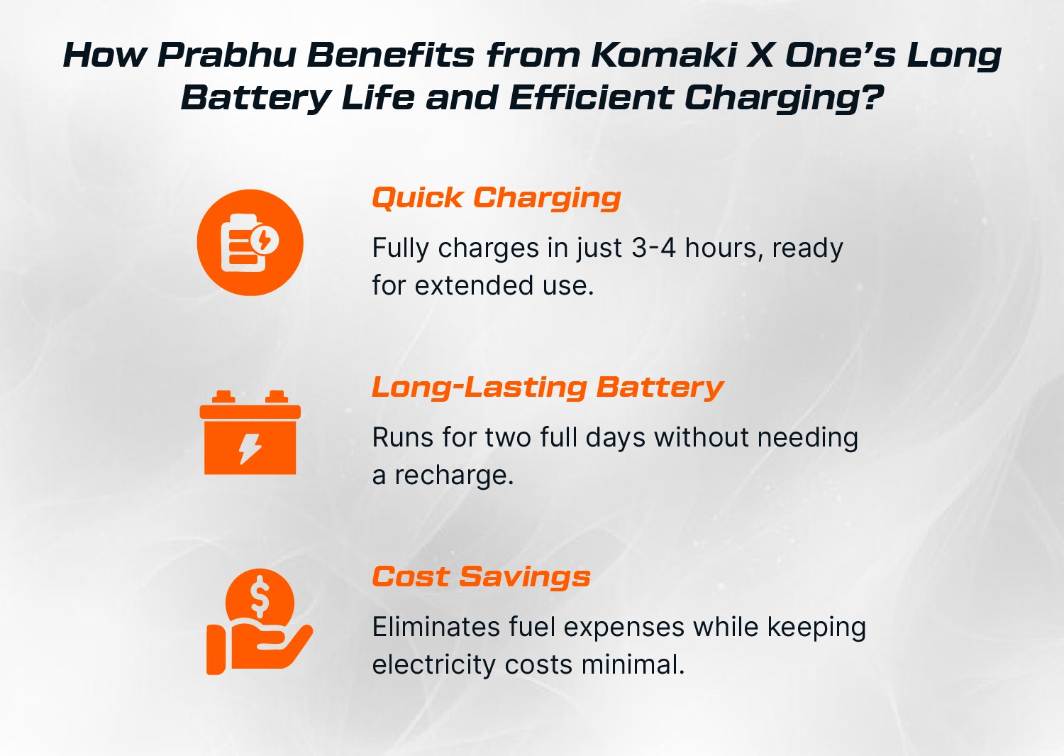How Prabhu Benefits from Komaki X One’s Long Battery Life and Efficient Charging?